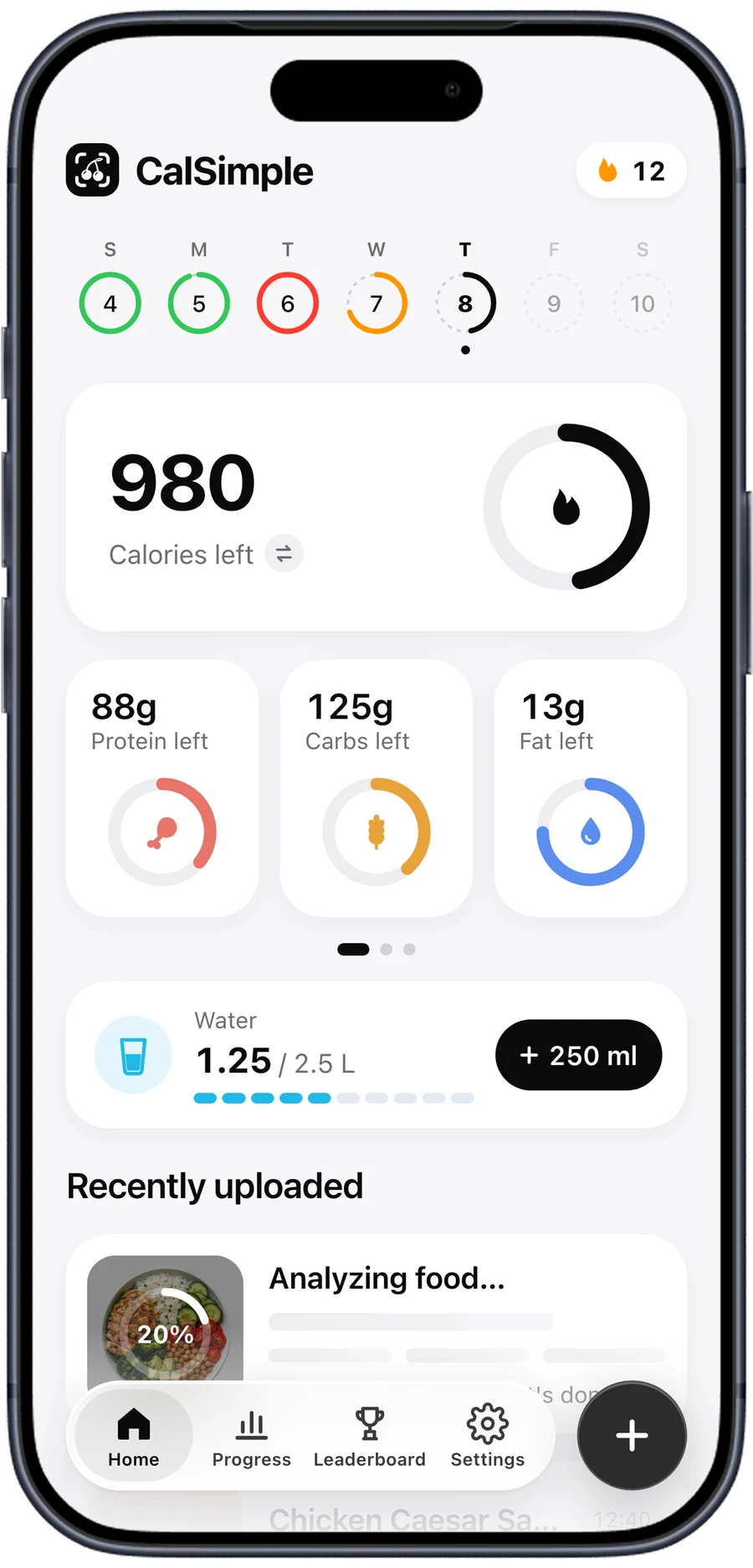 CalSimple AI calorie tracker on iPhone: Home with calories left, macros and a meal photo being analyzed